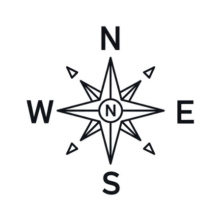 A minimalist compass rose graphic displays the cardinal directions North, South, East, and West with directional markers.の素材