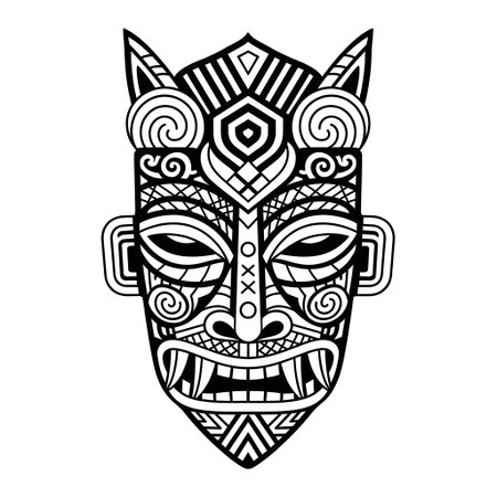 A black and white illustration of a detailed tribal mask featuring prominent horns, swirling patterns, and a menacing, toothy grin.の素材