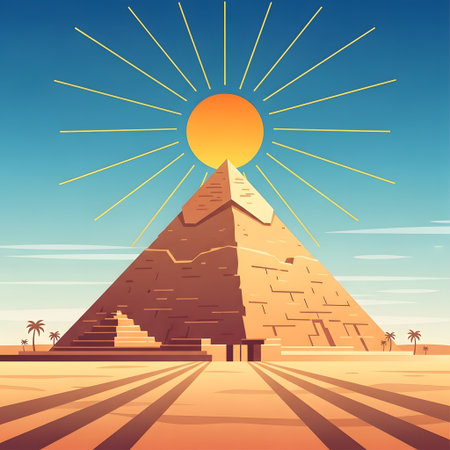 A stylized illustration of a large pyramid in a desert, with a bright sun and radiating lines against a clear blue sky.の素材