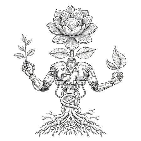 A detailed black and white illustration depicts a humanoid figure with a tree-like body, holding a plant sprout in one hand and a flame in the other.の素材