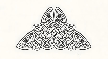 A detailed black and white illustration of a complex Celtic knotwork design featuring interwoven lines, spirals, and stylized animal heads.の素材