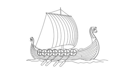 A black and white sketch of a classic Viking longship with a full sail, depicted sailing on stylized waves.の素材