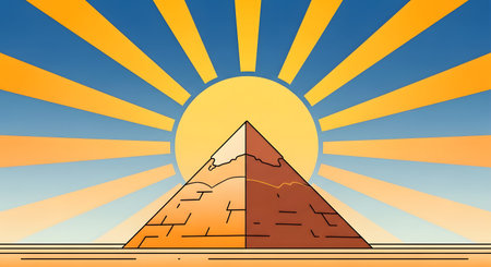 A stylized illustration of a pyramid in the desert with a bright sun and radiating light beams against a blue sky.の素材