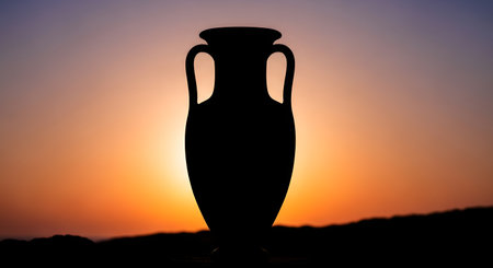 A dark silhouette of an ancient amphora stands against a warm, gradient sunset sky, casting a dramatic and timeless shadow.の素材
