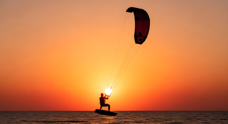 A lone kitesurfer rides on the water with a colorful kite soaring above during a dramatic sunset.の素材