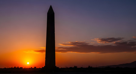 The iconic Washington Monument stands tall as a dark silhouette against a dramatic sunset with fiery orange and purple hues.の素材