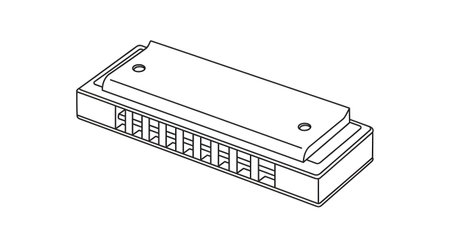A simple, clean line drawing of a diatonic harmonica viewed from a slightly elevated angle. The drawing highlights its rectangular shape and reed plates.の素材