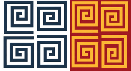 A split image showcasing four identical geometric spiral patterns. The left side features dark blue and white, while the right side uses orange, yellow, and red.の素材
