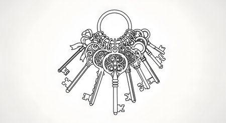 A detailed sketch of a collection of antique skeleton keys, intricately designed and clustered together on a large ring.の素材
