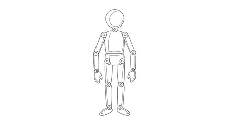 A minimalist black and white line art illustration of a person standing upright, with a simple outline and minimal detail.の素材