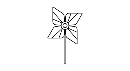 A minimalist, black and white line art illustration of a classic pinwheel with four blades, mounted on a straight stick.の素材