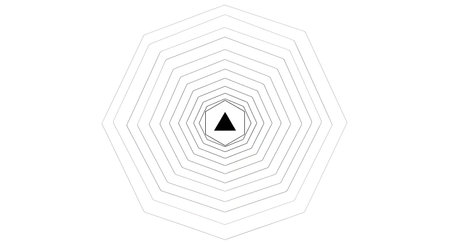 An abstract, symmetrical design featuring a central black triangle surrounded by concentric hexagonal and radial geometric patterns on a white background.の素材