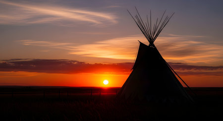 A traditional teepee stands silhouetted against a vibrant, colorful sunset, casting a dramatic shadow on the land.の素材