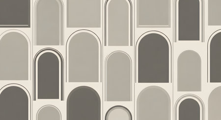 A repeating pattern of various sized arched doorways and rectangular shapes in shades of grey and beige.の素材