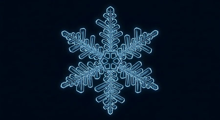 A stunning, detailed macro photograph of a single blue snowflake crystal against a dark background, showcasing its delicate, symmetrical structure.の素材
