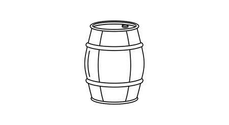 A black and white line art illustration of a classic wooden barrel with metal hoops. The barrel is depicted standing upright.の素材