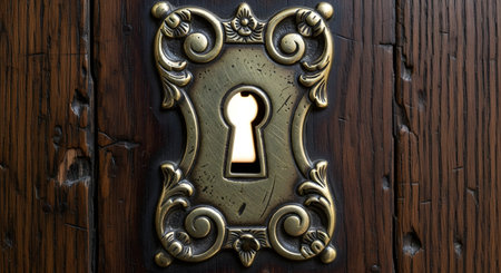 A close-up view of a decorative, vintage brass keyhole set into the textured surface of an old, dark wooden door.の素材