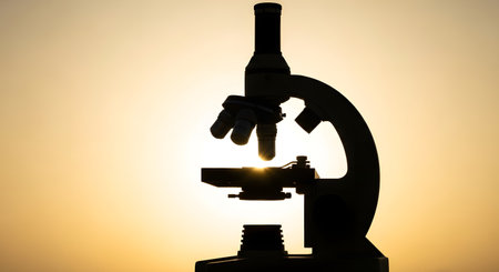 A detailed silhouette of a vintage microscope is dramatically backlit by a bright, warm sunset, creating a sense of scientific discovery and wonder.の素材