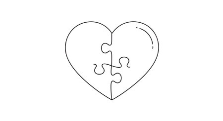 A simple line drawing of a heart divided into two halves, with puzzle pieces connecting them. The outline has a dotted effect.の素材