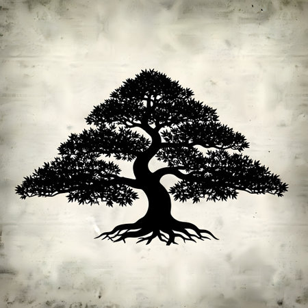A stark black silhouette of a meticulously shaped bonsai tree with intricate roots and branches against a light, textured background.の素材