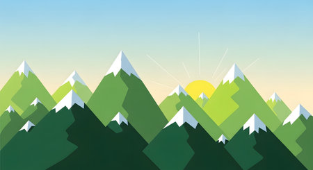 A stylized, flat design illustration of a lush green mountain range with snow-covered peaks, set against a gradient sky.の素材