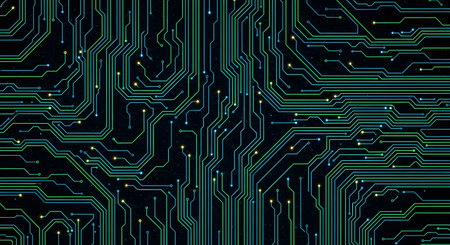 A dark, abstract background featuring intricate digital circuitry patterns with prominent vertical lines and subtle glitching effects in various colors.の素材