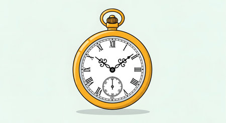 A vintage-style gold pocket watch featuring a white face with Roman numerals, ornate hands, and a small subdial for seconds.の素材