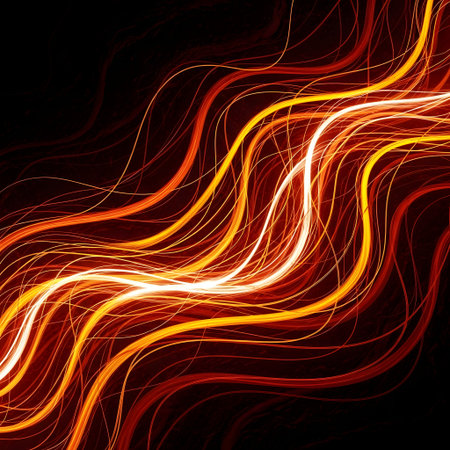 Abstract background of glowing, wavy light trails in shades of orange, red, and yellow against a dark backdrop.の素材