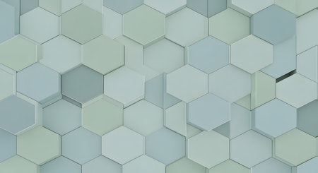A repeating pattern of light green and gray hexagons with subtle variations in shade and depth creating a textured background.の素材