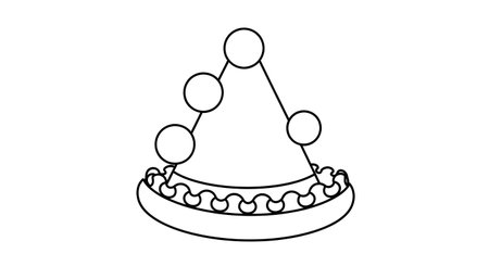 A minimalist line drawing of a conical party hat adorned with pom-poms and a decorative brim.の素材