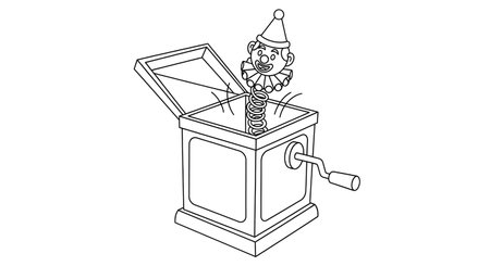 A hand-drawn sketch depicts an open jack in the box with a clown figure emerging from a spring. The box has a crank on its side.の素材