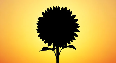 A stark black silhouette of a single sunflower stands tall against a bright, glowing orange background, creating a dramatic contrast.の素材