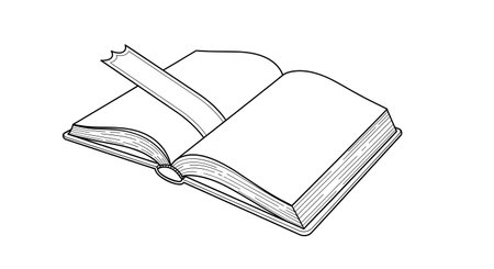 A simple, black and white line drawing shows an open book with pages turned and a bookmark peeking out.の素材