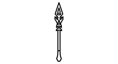A stylized, black and white outline drawing of a spear. The spearhead features intricate, leaf-like embellishments, and the shaft has decorative segmented rings.の素材