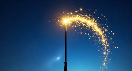 A solitary streetlight emits a brilliant yellow glow, trailing a vibrant cascade of golden sparks against a dark, star-speckled night sky.の素材