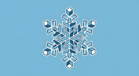 A detailed, symmetrical snowflake illustration with sharp, geometric patterns, rendered in shades of blue against a solid light blue backdrop.の素材