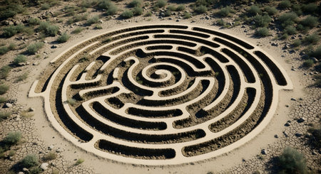 An aerial view of a circular maze constructed in a dry, desert landscape with sparse vegetation.の素材