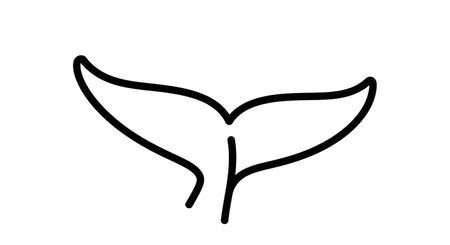 A minimalist black and white line drawing of a whale's fluke, representing the tail of a marine mammal.の素材