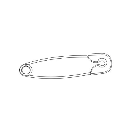 A minimalist black and white sketch of a standard safety pin, depicted in a horizontal orientation against a white background.の素材