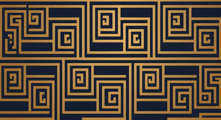 A repeating geometric design featuring golden spiral shapes against a deep blue backdrop, creating a sense of depth and sophistication.の素材