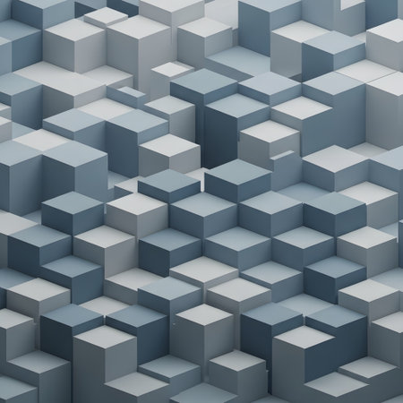 A dense, abstract arrangement of stacked cubes in shades of blue and gray creates a dynamic, textured surface with a sense of depth.の素材