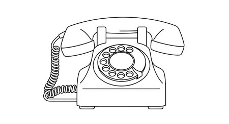 A black and white line drawing of an old-fashioned rotary dial telephone, featuring a handset and coiled cord.の素材