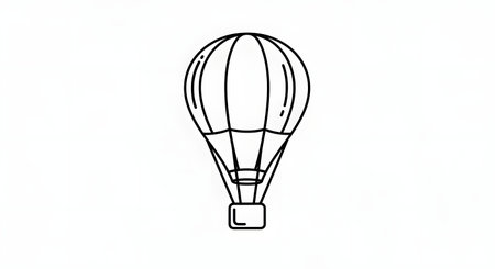 A minimalist, hand-drawn illustration of a hot air balloon with a basket suspended below. The image is in black and white with clear outlines.の素材