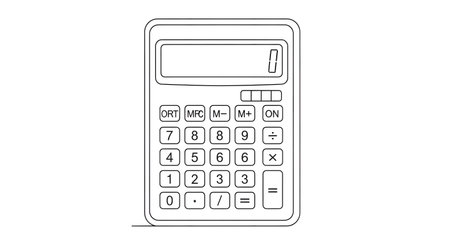 A minimalist black and white line drawing of a standard electronic calculator, showcasing its keypad and display screen.の素材