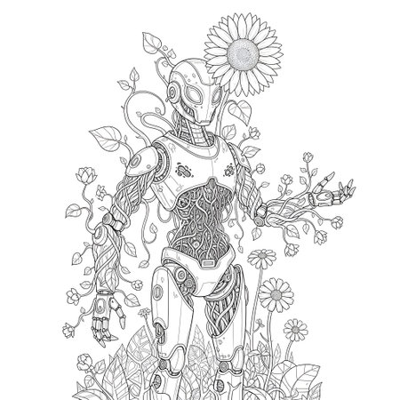 A detailed line drawing of a dense cluster of flowers and leaves, rendered in black ink on a white background. The composition is organic and flowing.の素材