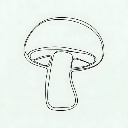 A minimalist line drawing of a mushroom, featuring a cap and stem with visible gills, presented on a plain background.の素材