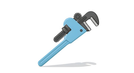 A stylized illustration of a bright blue pipe wrench with black gripping jaws and adjustment knob, casting a shadow.の素材