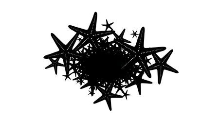 A chaotic, black ink illustration of a starburst or explosion composed of numerous hand-drawn stars of varying sizes against a white background.の素材