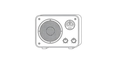 A black and white line drawing of a classic portable radio with a checkered speaker grill and a brand logo.の素材