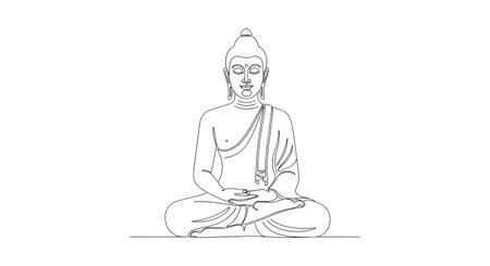 A minimalist line drawing of a seated Buddha statue in meditation pose against a white background.の素材